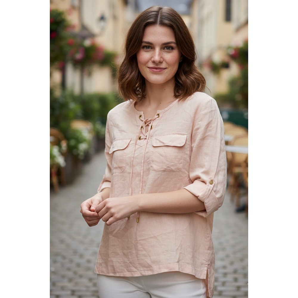 Company Ellen Tracy Tunic Top Womens M Peach Linen‎ Hi Low Hem Roll Tab Sleeve